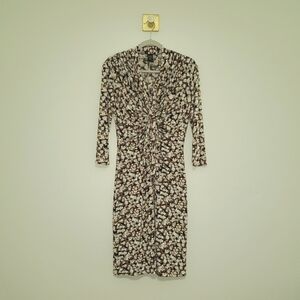 Y2k Retro Bodycon Midi Dress Medium Brown Tan Cowl Neck 3/4 Sleeve Office Career